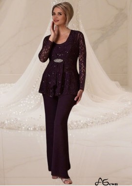 Elegant Chiffon Lace Scoop Neck Illusion Sleeve Mother of the Bride Pantsuit