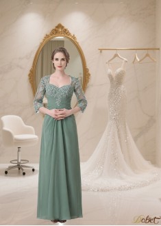 Green A-Line Mother of the Bride Dress with Queen Anne Neckline and Illusion Sleeves