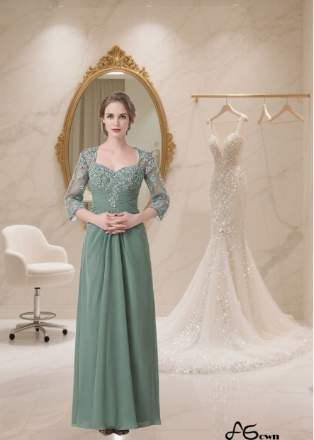 Green A-Line Mother of the Bride Dress with Queen Anne Neckline and Illusion Sleeves