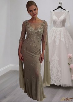 Elegant Scoop Neck Tulle & Lace Illusion Sleeve Full Length Mother of the Bride Dress