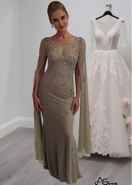 Elegant Scoop Neck Tulle & Lace Illusion Sleeve Full Length Mother of the Bride Dress