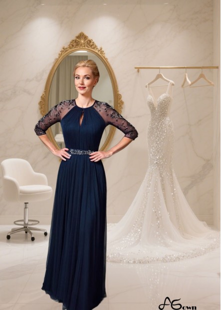 Tulle Jewel Neck A-Line Mother of the Bride Dress – Full-Length Mother Gown