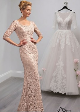 Full Length Lace Mother of the Bride Dress – Scoop Neck Sheath Gown with Illusion Sleeves