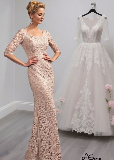 Full Length Lace Mother of the Bride Dress – Scoop Neck Sheath Gown with Illusion Sleeves