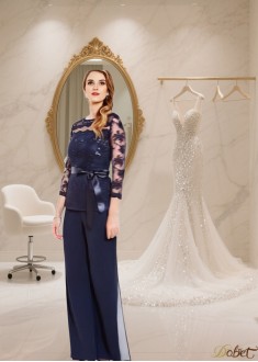 Long Sleeves Mother of the Bride Pantsuit with Bateau Neck and Lace Flower