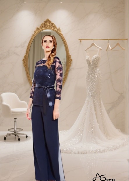 Full Length Chiffon Mother of the Bride Dress with Bateau Neck and Illusion Sleeves