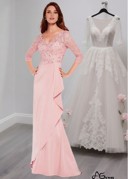 V-Neck Pink Satin Floor Length Half Sleeve Prom Dress With Beading