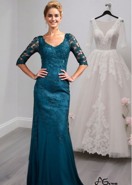 Elegant Full-Length Tulle Mother of the Bride Dress with Scoop Neck and Illusion Sleeves
