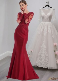Tulle & Satin V-Neck Illusion Sleeve Trumpet Prom Evening Dress UK