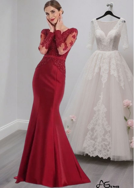Tulle & Satin V-Neck Illusion Sleeve Trumpet Mother of the Bride Dress