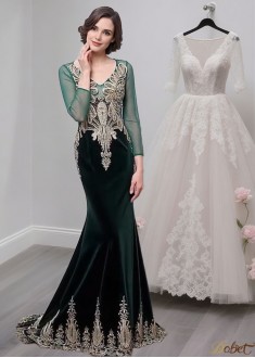 Tulle V-Neck Mother of the Bride Dress – Formal Gowns with Long Sleeves