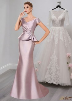Satin V-Neck Cap Sleeve Mermaid Mother of the Bride Formal Dress