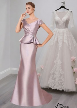 Satin V-Neck Cap Sleeve Mermaid Mother of the Bride Formal Dress