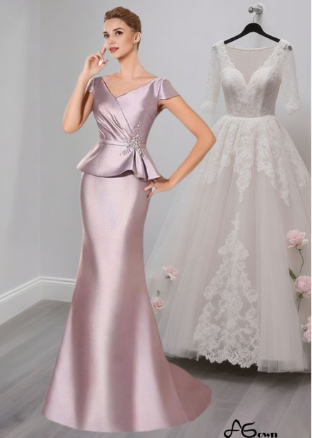Satin V-Neck Cap Sleeve Mermaid Mother of the Bride Formal Dress