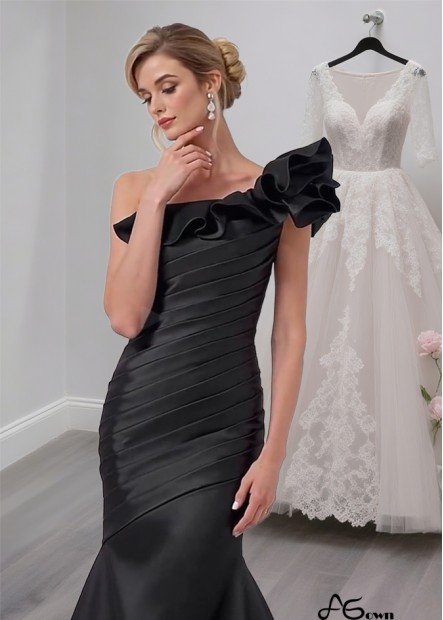 Black Satin One Shoulder Mother of the Bride Dress – Full Length Mermaid Evening Gown