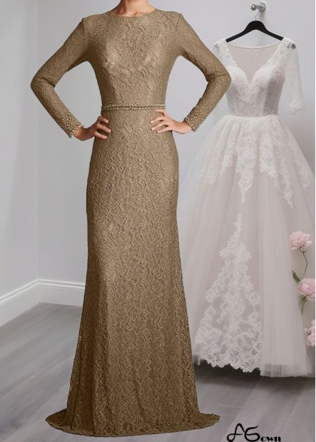 Full Length Lace Mother of the Bride Dress – Jewel Neck Sheath Gown