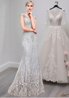 Tulle V-Neck Mother of the Bride Dress – Full Length Sheath Gown with Cap Sleeves
