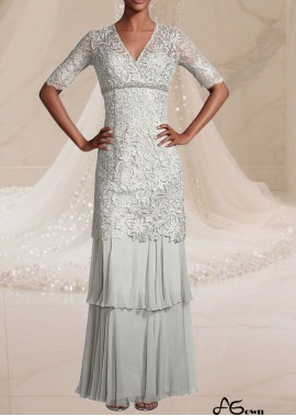 Lace & Silk-Like Chiffon V-Neck Illusion Sleeve Full-Length Formal Dress for Women