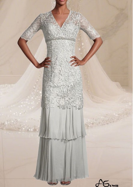 Lace & Silk-Like Chiffon V-Neck Illusion Sleeve Full-Length Formal Dress for Women