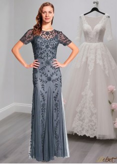 Elegant Tulle Jewel Neck Short Sleeve Full-Length Mother of the Bride Dress