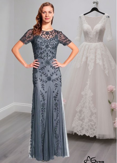 Elegant Tulle Jewel Neck Short Sleeve Full-Length Mother of the Bride Dress
