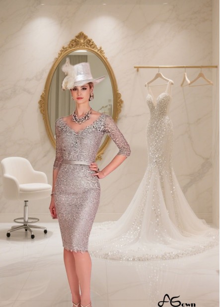 V Neck Lace Illusion Sleeve Knee Length Sheath Dress for Mother of the Bride