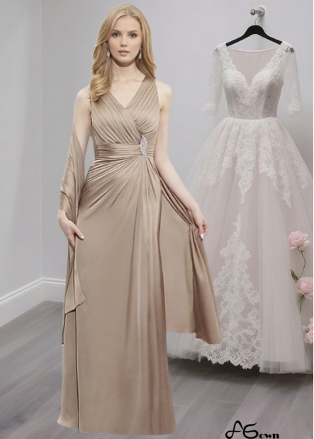 Elegant V-Neck Satin Chiffon Tank Sleeve Full-Length Mother of the Bride Dress