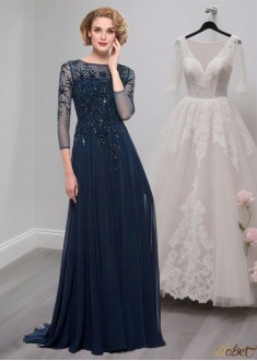 Elegant Chiffon Bateau Neck Illusion Sleeve A-Line Mother of the Bride Dress