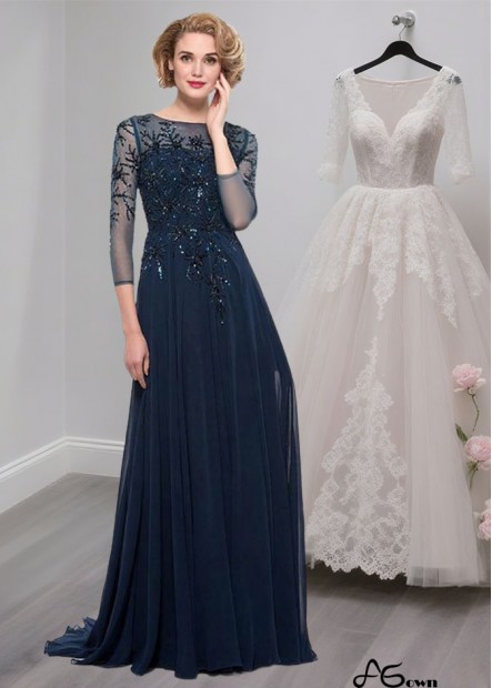 Elegant Chiffon Bateau Neck Illusion Sleeve A-Line Mother of the Bride Dress