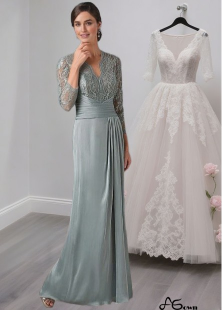 V-Neck Satin Chiffon Mother of the Bride Dress – Full Length Sheath Gown with Illusion Sleeves
