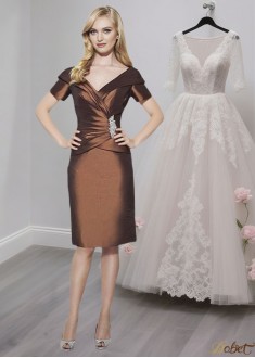 Chocolate Taffeta V-Neck Knee-Length Mother of the Bride Dresses Sheath