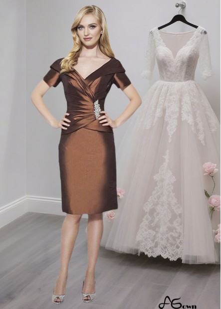Chocolate Taffeta V-Neck Knee-Length Mother of the Bride Dresses Sheath