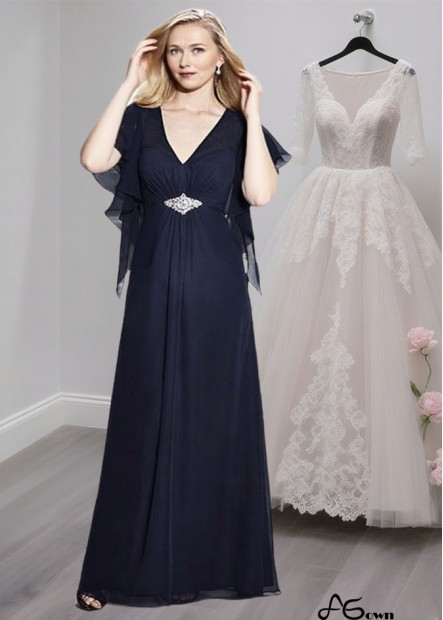 Navy Chiffon V-Neck Mother of the Bride Dress with Cap Sleeves – Evening Gown