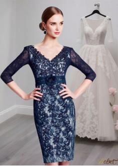 Lace V-Neck Illusion Sleeve Knee-Length Mother of the Bride Dress