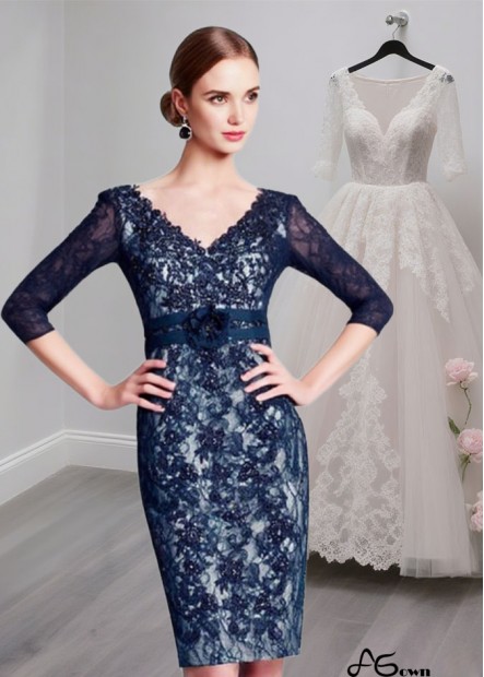 Lace V-Neck Illusion Sleeve Knee-Length Mother of the Bride Dress