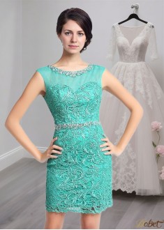 Green Tulle Lace Short Party Dresses – Scoop Neck Sheath Mini Gown Online