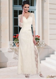 Elegant Lace V-Neck Mother of the Bride Dress – Full Length Sheath with Illusion Sleeves
