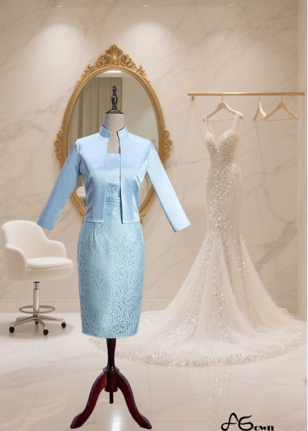 Blue Knee-Length Lace Satin Mother of the Bride Dress with Jacket
