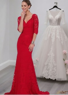 Lace V-Neck Mother of the Bride Dress – Formal Gown with Half Sleeves