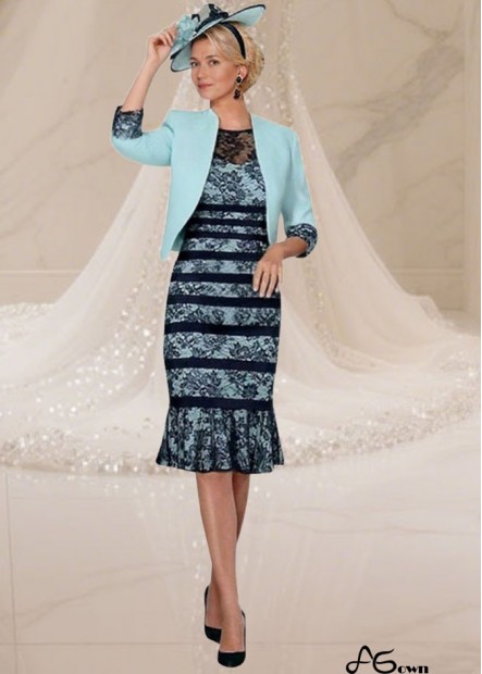 Blue Lace Satin Bateau Neck Mother of the Bride Dress with Jacket – Knee-Length Sheath