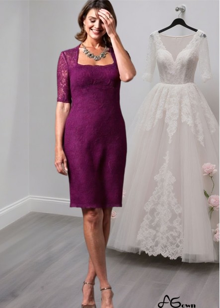 Elegant Lace Knee-Length Mother of the Bride Dress with Square Neck and Illusion Sleeves