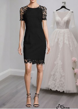 Black Short Illusion Sleeve Tulle & Satin Mother of the Bride Dress with Jewel Neckline