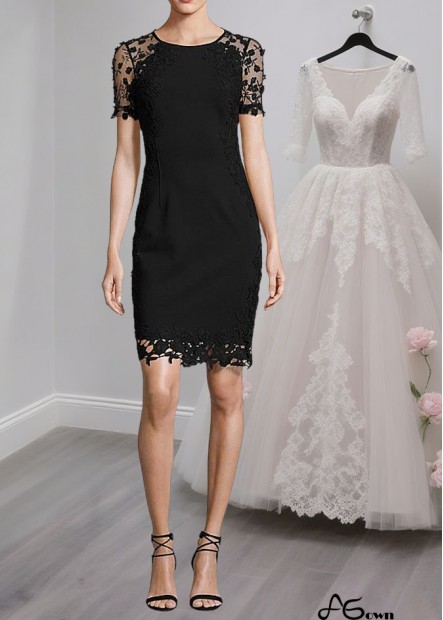 Black Short Illusion Sleeve Tulle & Satin Mother of the Bride Dress with Jewel Neckline