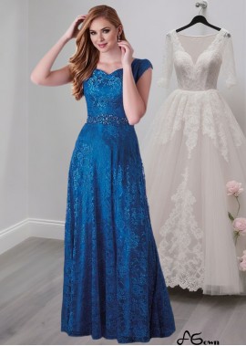 Blue Lace Scoop Neck Mother of the Bride Dress – Full-Length A-Line with Cap Sleeves