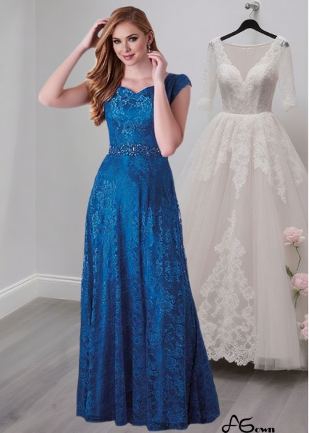Blue Lace Scoop Neck Mother of the Bride Dress – Full-Length A-Line with Cap Sleeves