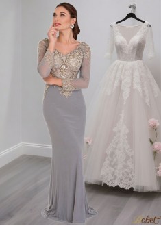 V-Neck Long Sleeves Evening Tulle & Spandex Mother of the Bride Dresses