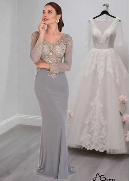 V-Neck Long Sleeves Evening Tulle & Spandex Mother of the Bride Dresses