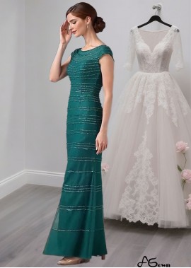 Green Tulle Mother of the Bride Dress – Full Length Sheath Gown with Bateau Neck and Cap Sleeves
