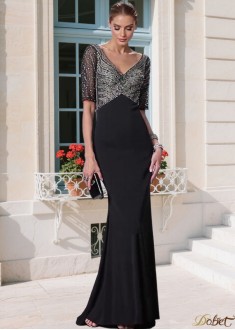 Elegant Black Tulle Chiffon V-Neck Illusion Sleeve Sheath Mother of the Bride Dress – Full Length