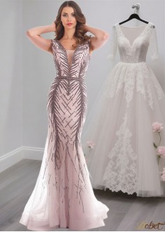 Pink Tulle V-Neck Prom Evening Dress – Cap Sleeve Floor Length Sheath Gown